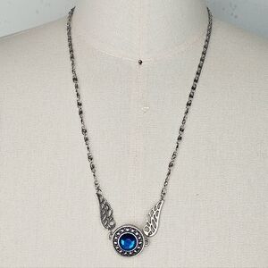 Interchangable Silver Angel Wing Snap Necklace | Sapphire Blue Rhinestone